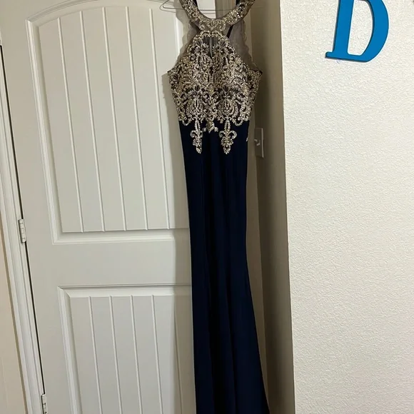 Xscape | Dresses | Navy Blue And Gold Keyhole Dress | Poshmark